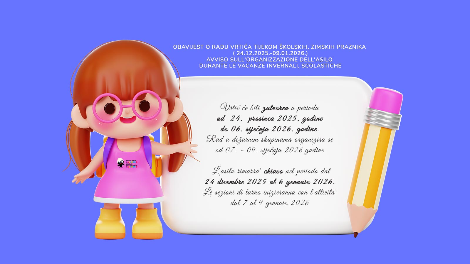 OBAVIJEST O RADU VRTIĆA TIJEKOM ŠKOLSKIH, ZIMSKIH PRAZNIKA